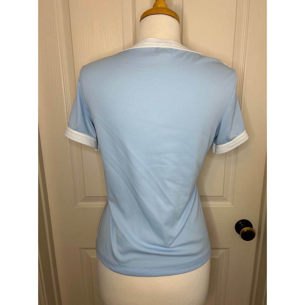 Vintage Top SS Boat Neck Blouse Wm size L Lt Blue White Trim Union Made in USA - Picture 2 of 11